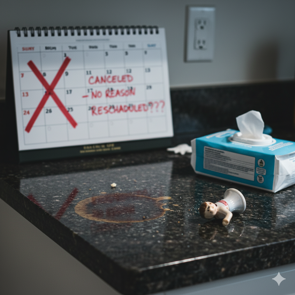 Messy kitchen counter with a coffee stain and a calendar marking cancelled and rescheduled cleaning appointments, representing bad cleaning service experiences.
