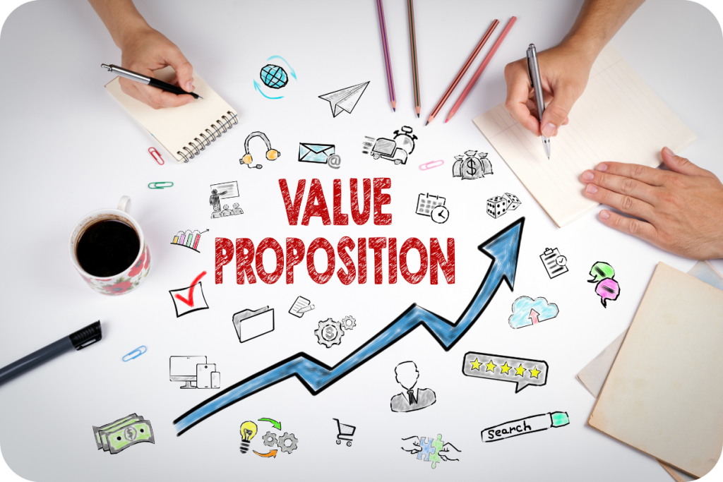 Diagram of value proposition showing growth, planning, money, and five-star reviews for a cleaning service.